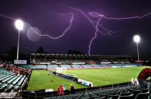 A-League Rd 21 - Western Sydney v Melbourne...SYDNEY, AUSTRALIA - MARCH 11: Lightning strikes delay the start of play before the round 21 A-League match between the Western Sydney Wanderers and Melbourne City FC at Pirtek Stadium on March 11, 2015 in Sydney, Australia. (Photo by Matt King/Getty Images)
